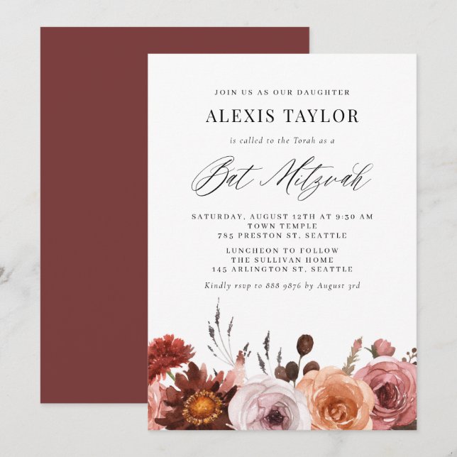 Convites Boho Watercolor Flowers Bat Mitzvah (Frente/Verso)