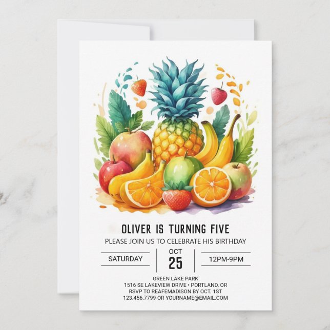 Convites Boho Watercolor Fruta Aniversário (Frente)