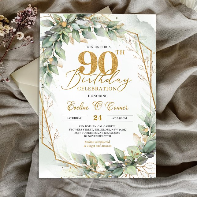Convites Boho watercolor green eucalyptus 90 aniversário (Elegant boho eucalyptus greenery gold glitter number 90th birthday invitation digital)