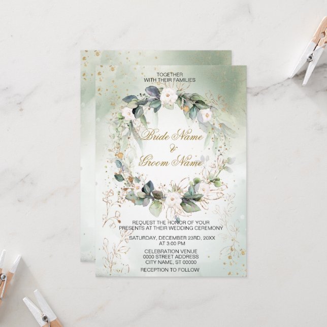 Convites Boho Watercolor Greenery Floral Modern Wedding (Frente/Verso In Situ)