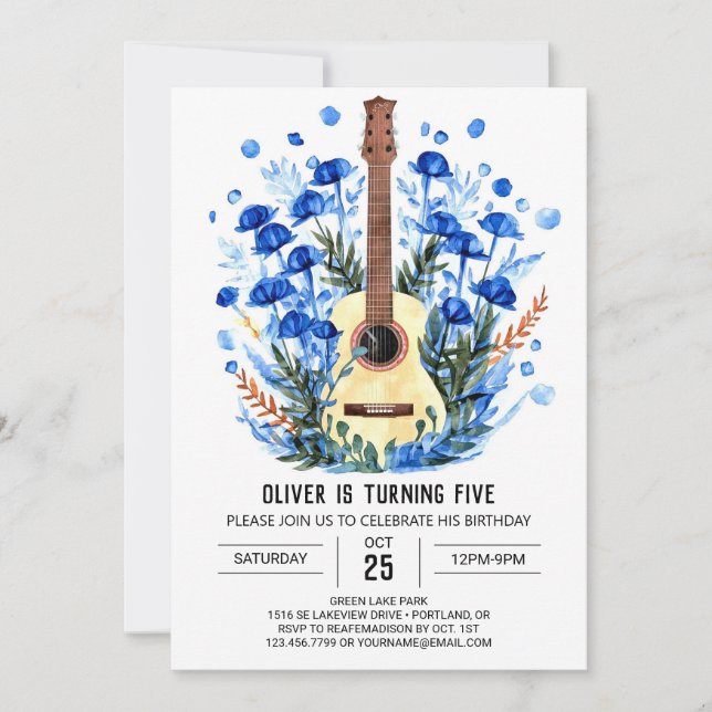 Convites Boho Watercolor Guitar Boy Birthday (Frente)