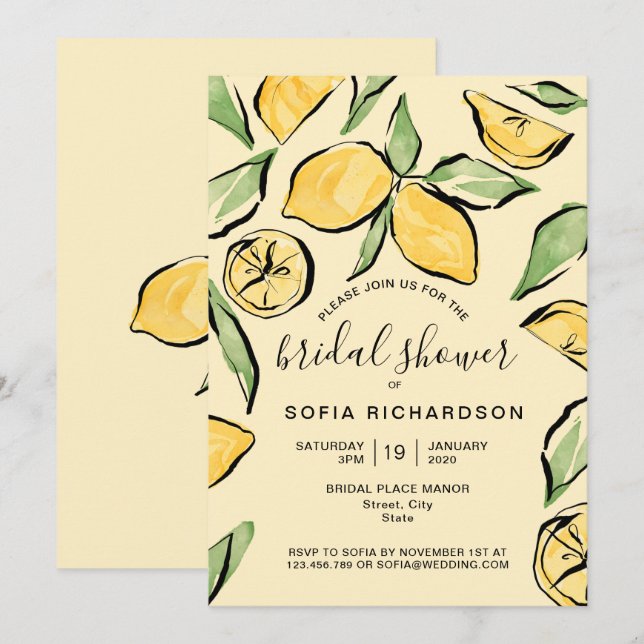 Convites Boho Watercolor Lemon Citrus Greenery Summer (Frente/Verso)