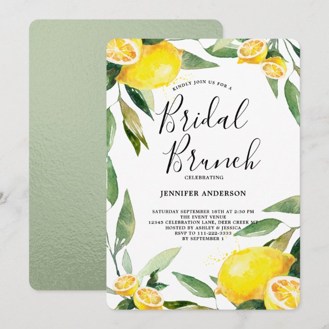 Convites Boho Watercolor Lemon Wreath Bridal Brunch (Frente/Verso)