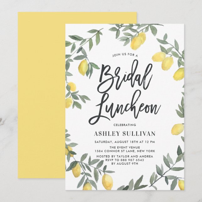 Convites Boho Watercolor Lemon Wreath Bridal Luncheon (Frente/Verso)