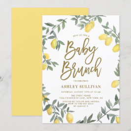 Convites Boho Watercolor Lemon Wreath Dourado Baby Brunch