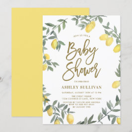 Convites Boho Watercolor Lemon Wreath Dourado Chá de fralda