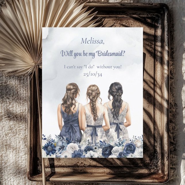 Convites Boho Watercolor marinho azul-branco Bridesmaid (Boho Watercolor navy blue white floral Bridesmaid Invitation)