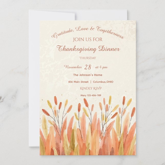 Convites Boho Watercolor Pampas Grass e Rustic Thankiness (Frente)