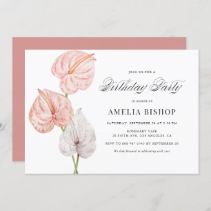 Convites Boho Watercolor Pink Anthuriums Tropical Birday
