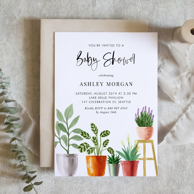 Convites Boho Watercolor Plantas Chá de fraldas (Customizable boho baby shower invitation featuring watercolor potted houseplants. )