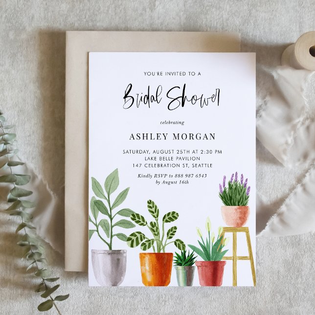 Convites Boho Watercolor Plantas Chá de panela (Customizable boho bridal shower invitation featuring watercolor potted houseplants. )
