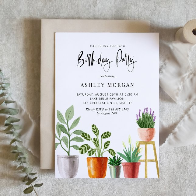 Convites Boho Watercolor Plantas Festas de aniversário (Customizable boho birthday party invitation featuring watercolor potted houseplants. )