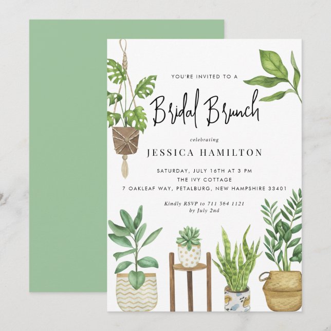 Convites Boho Watercolor Plantas Potentes Bridal Brunch (Frente/Verso)