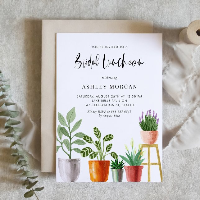 Convites Boho Watercolor Plantas Potentes Bridal Luncheon (Boho Watercolor Potted Plants Bridal Luncheon Invitation)