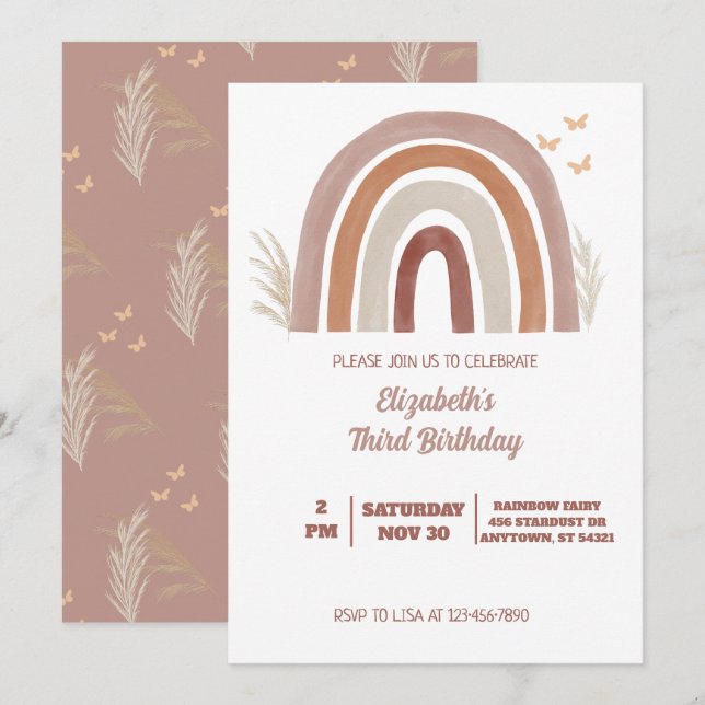 Convites Boho Watercolor Rainbow Birthday | Grass Pampas (Frente/Verso)