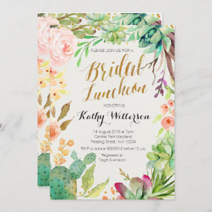 Convites Boho Watercolor Suculenta Bridal Luncheon