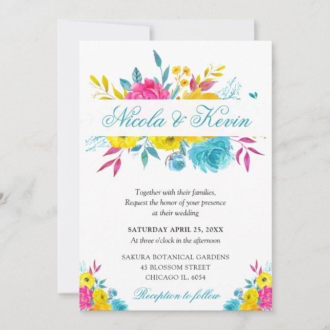 Convites Boho Watercolor Summer Flowers Casamento Dourado (Frente)