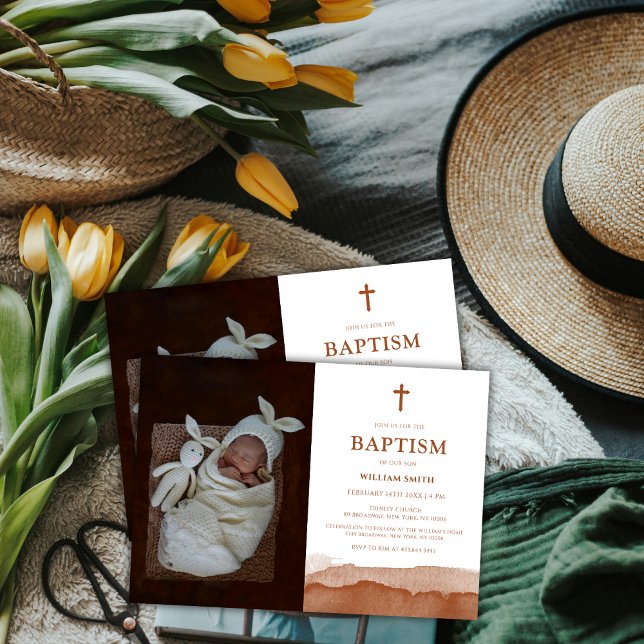 Convites Boho Watercolor Terracotta Desert Foto Baptism (Boho Watercolor Terracotta Desert Photo Baptism Invitation)