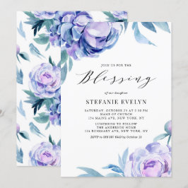 Convites Boho Watercolor Violet Peony Flowers Bebê Bênção