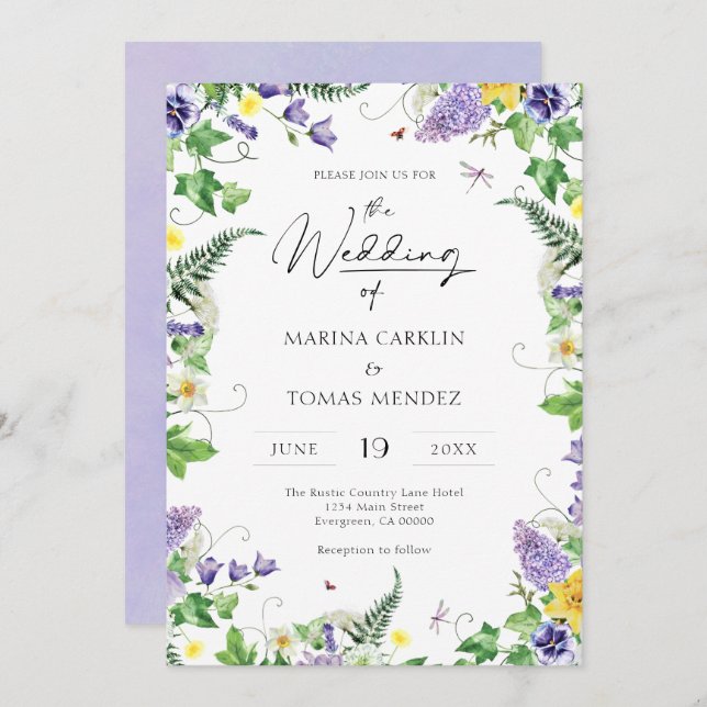 Convites Boho Watercolor Wildflower Wedding (Frente/Verso)