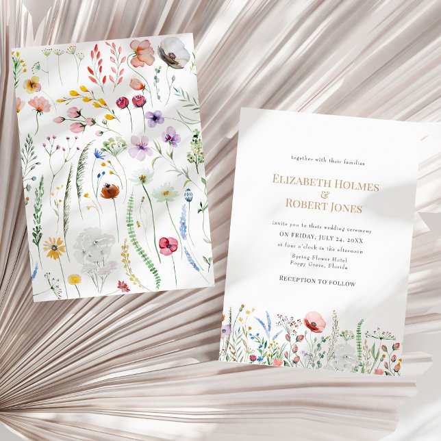 Convites Boho Watercolor Wildflower Weditation (Boho Watercolor Wildflower Wedding Invitation on a sunny neutral dry palm leaf.)