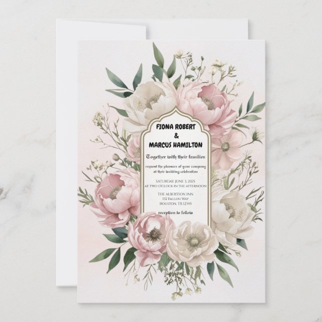 Convites Boho Wedding Invitation - Peonies with Greenery (Frente)