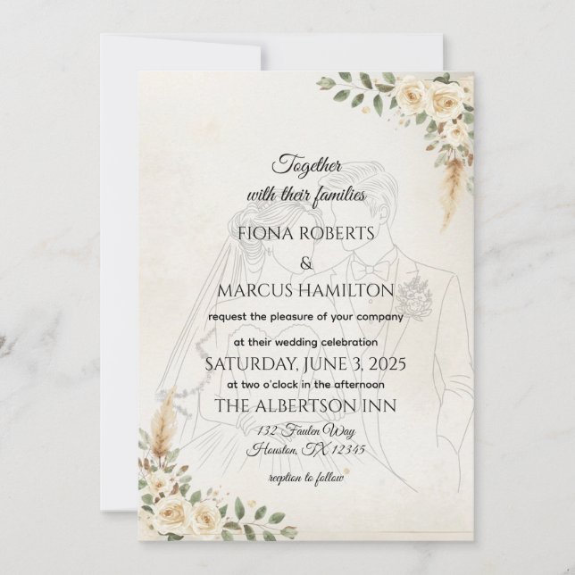 Convites Boho Weditation Ivory Rosas & Pampas Grass (Frente)