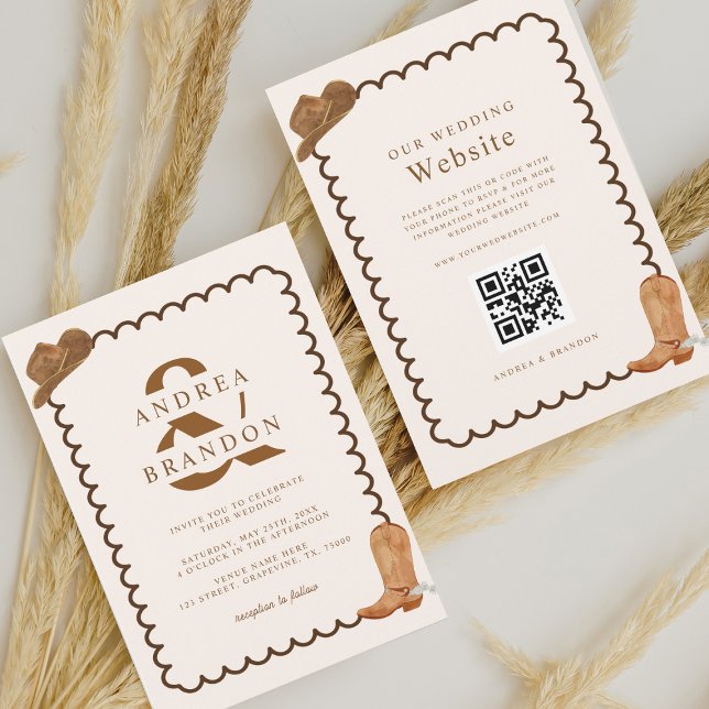 Convites Boho Western Ampersand Wavy Frame Qr Code Wedding (Criador carregado)