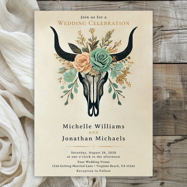 Convites Boho Western Floral Bull Cow Skull (Front - Boho Floral Bull Skull Wedding Invitation)