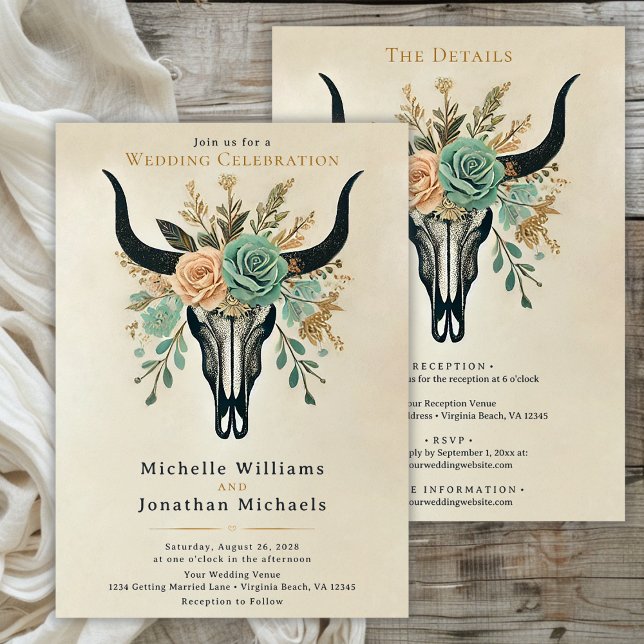 Convites Boho Western Floral Cow Skull Tudo em Um Casamento (Boho Floral Bull Skull All in One Wedding Invitation)