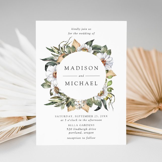 Convites Boho White Floral Greenery Wreath Casamento (Criador carregado)