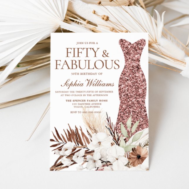 Convites Boho White Floral Rosa Dourado Vestido 50º Anivers (Criador carregado)