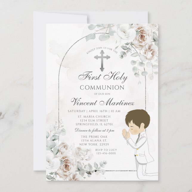 Convites Boho White Floral Silver Cross Boy Praying Baptism (Frente)