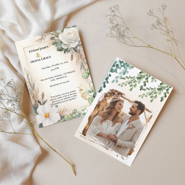 Convites Boho White Rose Eucalyptus Dourado Invite (Criador carregado)