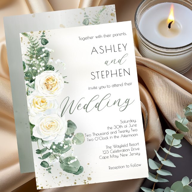 Convites Boho White Rose Floral | Casamento Eucalyptus (Elegant Dusty Sage Green and White Rose Eucalyptus Wedding Invitation with Soft Gold Accents)