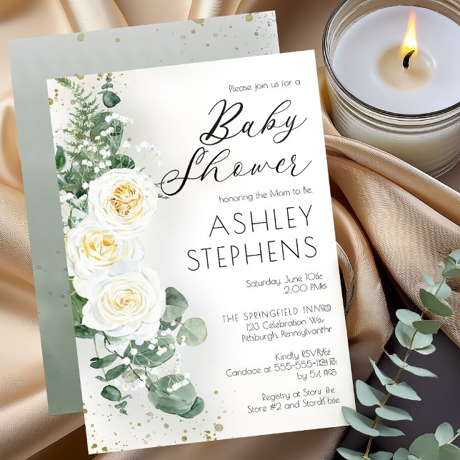 Convites Boho White Rose Floral | Chá de fraldas Eucalyptus (Boho White Roses and Eucalyptus Floral Baby Shower Invitation )