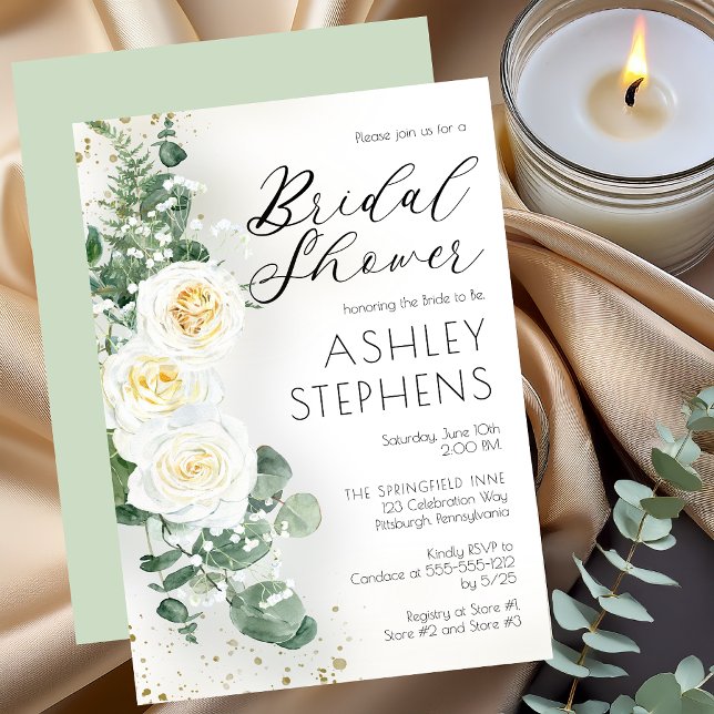 Convites Boho White Rose Floral | Chá de panela Eucalyptus (Dusty Sage Romantic White Roses | Eucalyptus Bridal Shower Invitation)