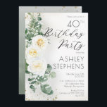 Convites Boho White Roses Eucalyptus aniversário de 40 anos<br><div class="desc">rosa branca boho-chic elegante e elegante e design de texto de guião floral de "Festa de aniversário" de eucalipto com confete e sombreamento cor de ouro escuro. A parte traseira apresenta um plano verde de gradação de cor d'água com esplêndidos e verdes esparsos esplêndidos e dourados esplêndidos esplêndidos esplêndidos esplêndidos...</div>