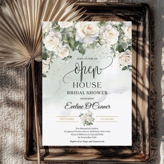 Convites Boho White Roses Greenerescência e Dourada Casa Ab (Boho White Roses Greenery and Gold Open House Invitation)