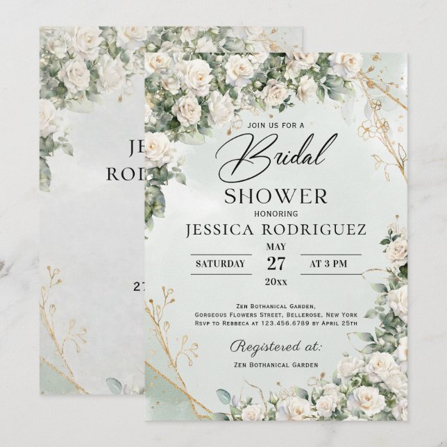 Convites Boho White Roses Greenery Bridal Shower Invitation (Frente/Verso)