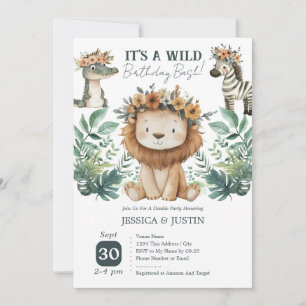Convites Boho Wild One Leão Duplo Aniversário de Crianças