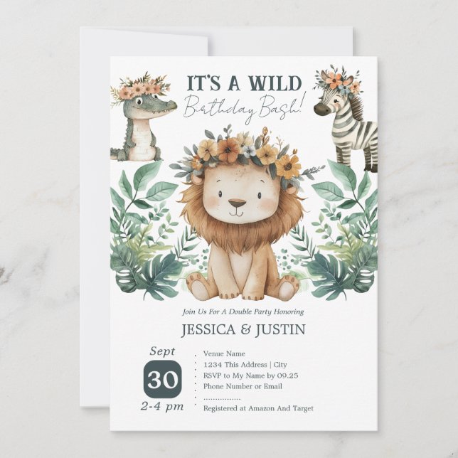 Convites Boho Wild One Leão Duplo Aniversário de Crianças (Frente)