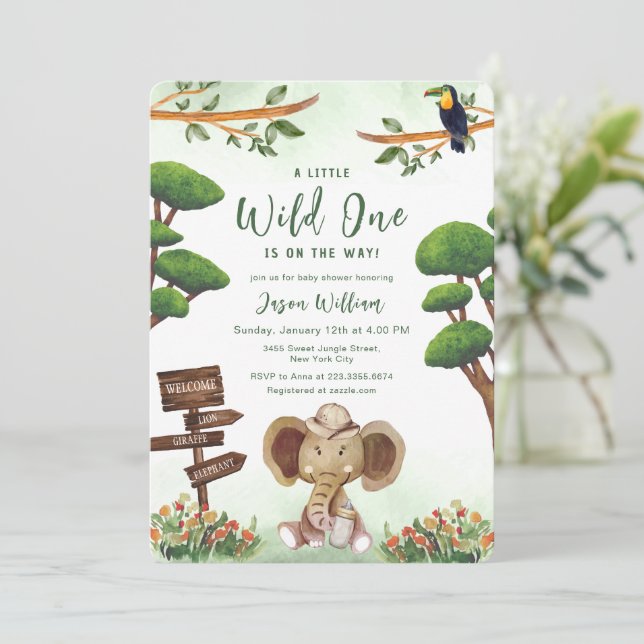 Convites Boho Wild One Safari Elephant Boy Baby Shower  (Em pé/Frente)