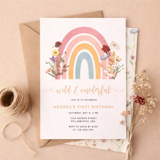 Convites Boho Wild & Onederful Wildflower Rainbow Birthday (Criador carregado)