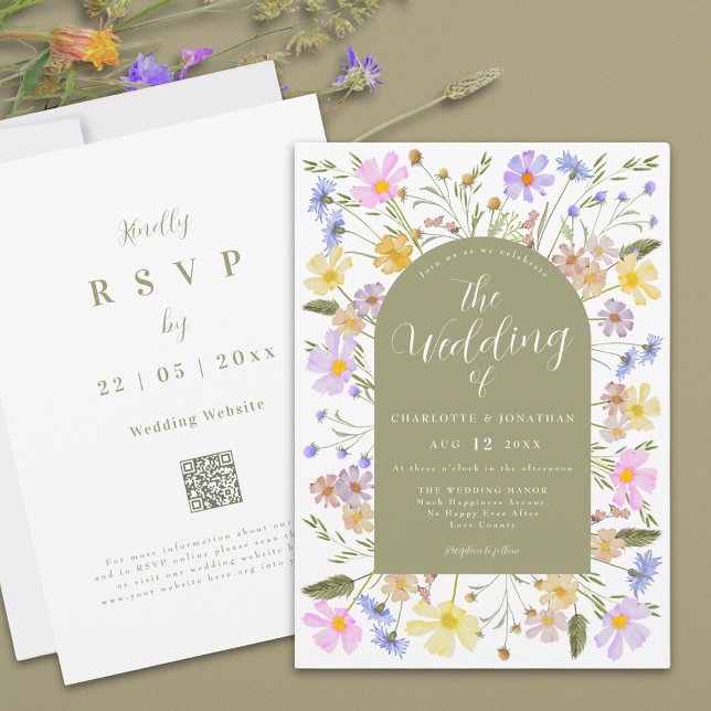 Convites Boho Wildflower Arch Spring Weditation (Boho wildflower sage green arch wedding invitation with qr code)