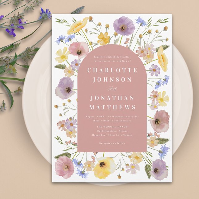 Convites Boho Wildflower Arch Spring Weditation (Colorful wildflower boho pink arch wedding invitation )