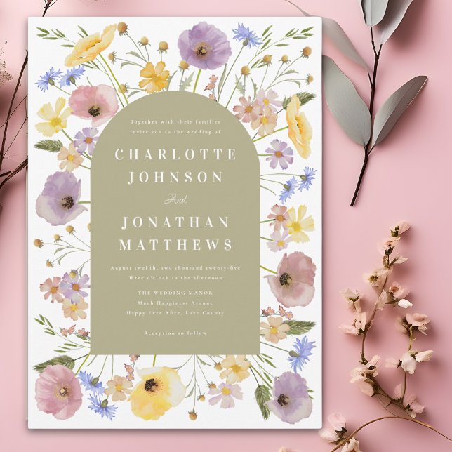 Convites Boho Wildflower Arch Spring Weditation (Colorful wildflower boho spring wedding invitation with blue pink yellow purple and sage green arch )