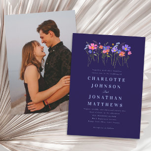Convites Boho Wildflower Azul Marinho Rosa Casamento Foto