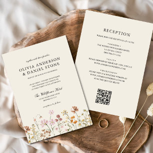 Convites Boho Wildflower Beige All in One QR Code Wedding