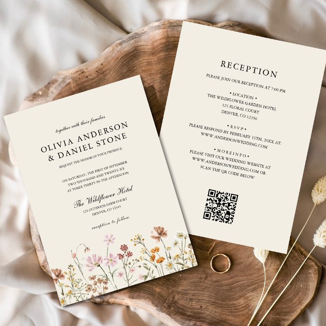 Convites Boho Wildflower Beige All in One QR Code Wedding (Criador carregado)